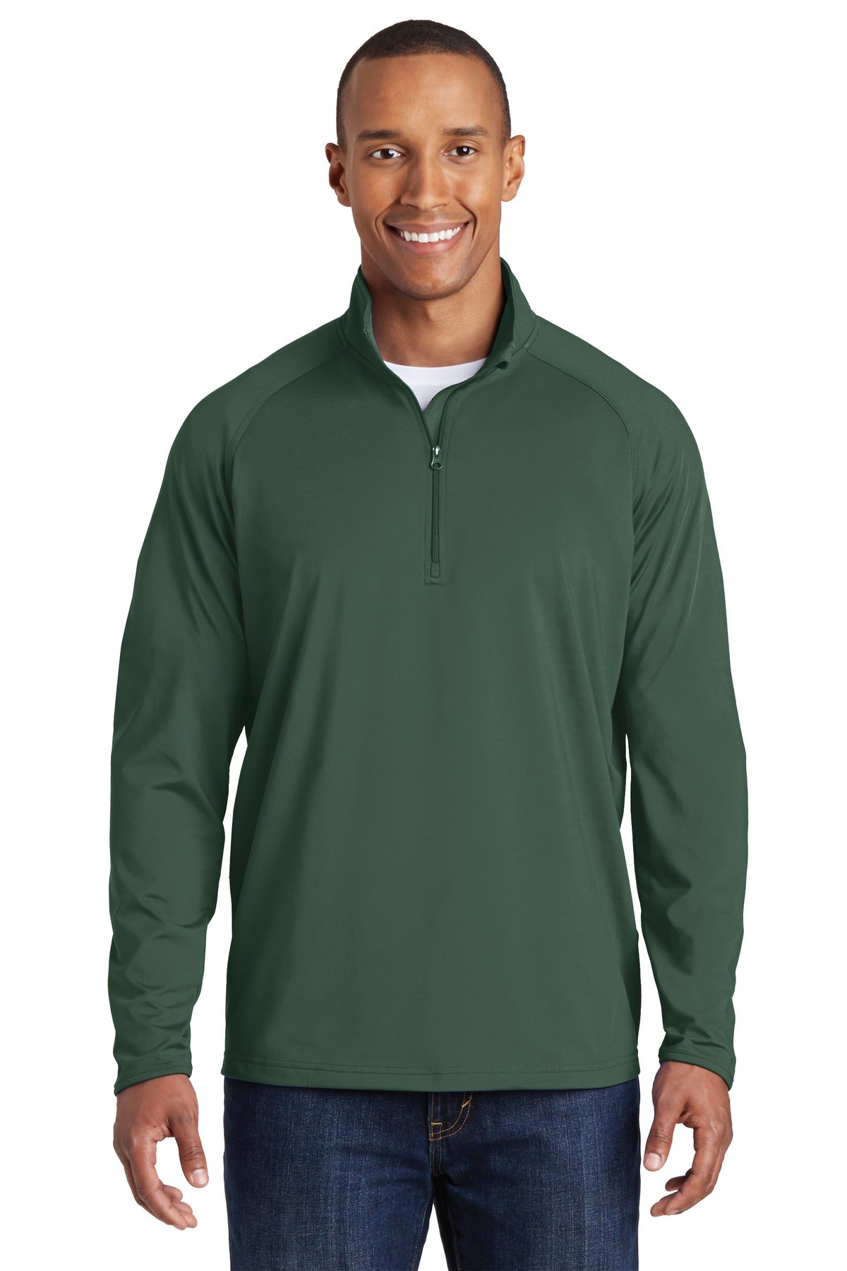 Front View of Forest Green Sport-Tek Sport-Wick Stretch 1/4-Zip Pullover. ST850 plain