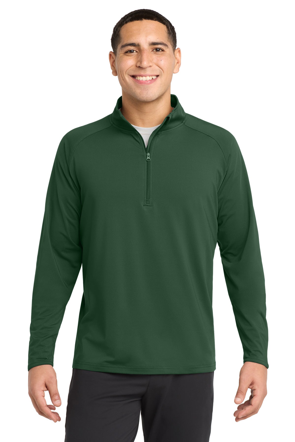 Front View of Forest Green Sport-Tek Sport-Wick Stretch 1/4-Zip Pullover. ST850 plain