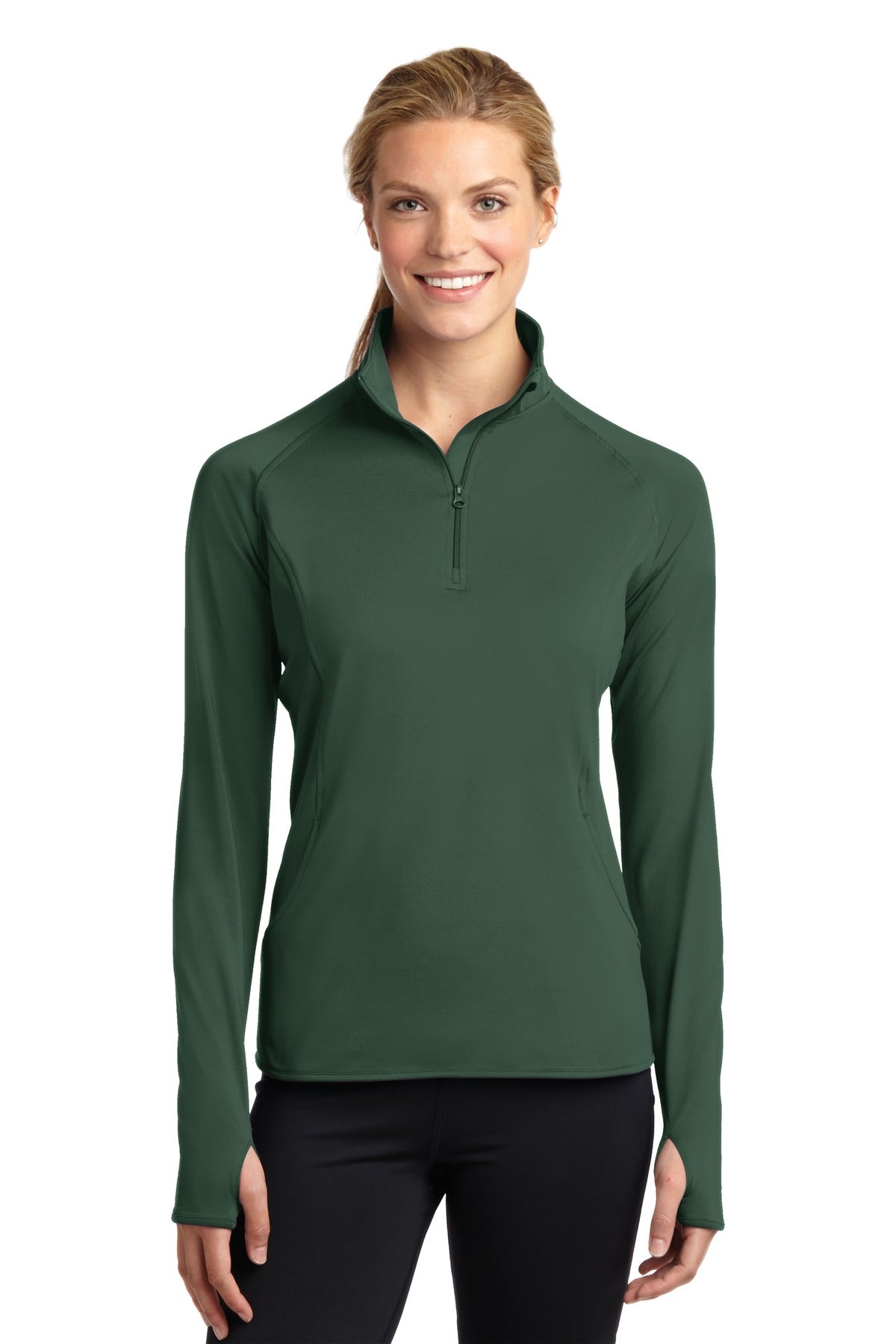 Front View of Forest Green Sport-Tek Women's Sport-Wick Stretch 1/4-Zip Pullover. LST850 plain