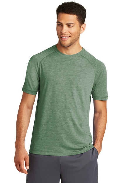 Front View of Forest Grn Hth Sport-Tek PosiCharge Tri-Blend Wicking Raglan Tee. ST400 plain