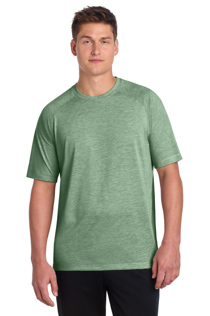 Front View of Forest Grn Hth Sport-Tek PosiCharge Tri-Blend Wicking Raglan Tee. ST400 plain