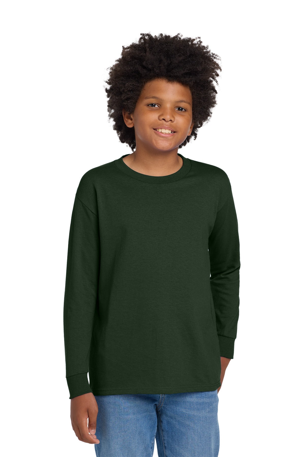 Front View of ForestGrn Gildan Youth Heavy Cotton 100% Cotton Long Sleeve T-Shirt. 5400B plain