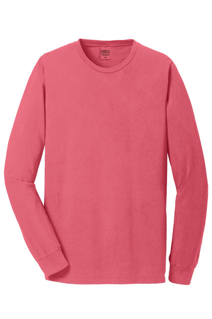 Front View of Fruit Punch Port & Co Beach Wash Garment-Dyed Long Sleeve Tee PC099LS plain