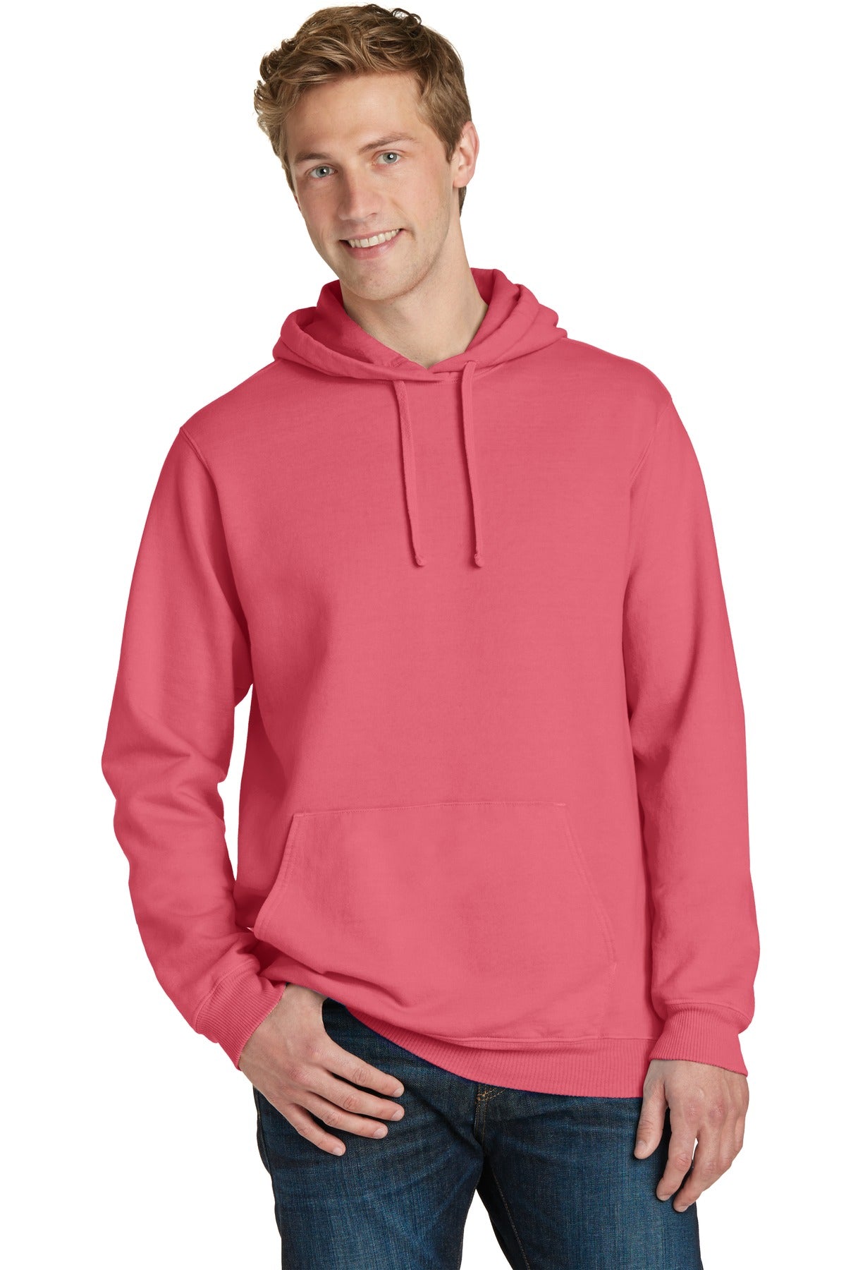 Front View of Fruit Punch Port & Co Beach Wash Garment-Dyed Pullover Hooded Sweatshirt. PC098H plain