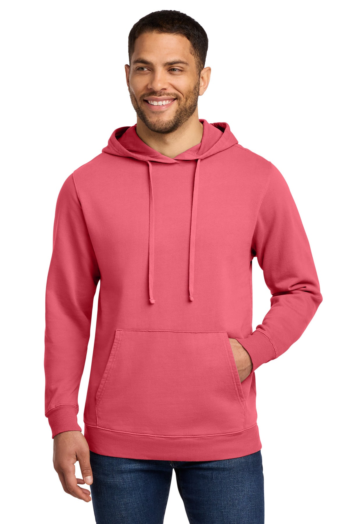 Front View of Fruit Punch Port & Co Beach Wash Garment-Dyed Pullover Hooded Sweatshirt. PC098H plain