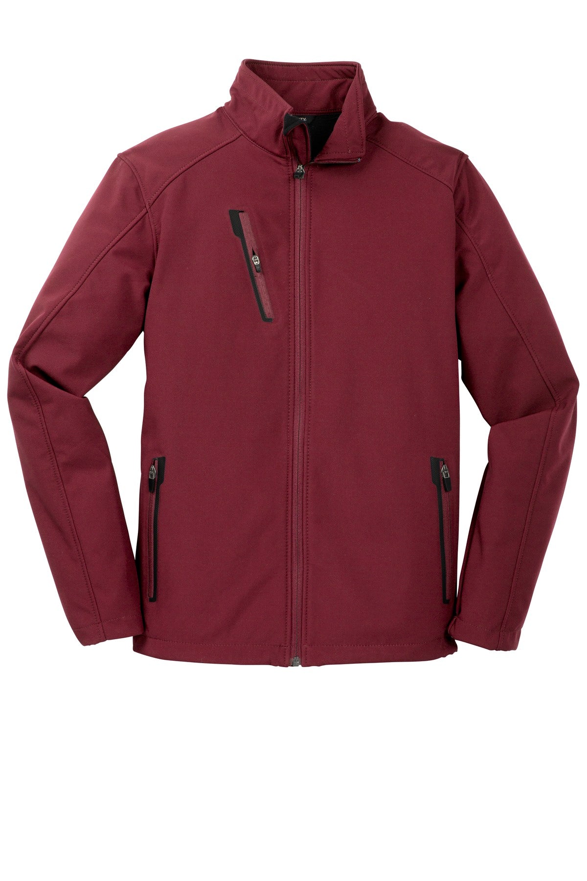 Front View of Garnet Port Authority Welded Soft Shell Jacket. J324 plain
