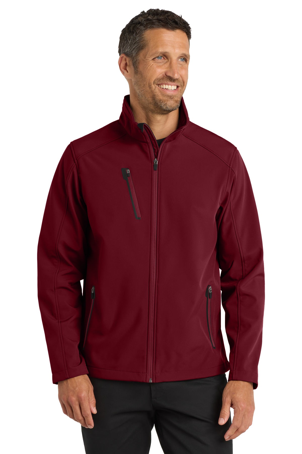 Front View of Garnet Port Authority Welded Soft Shell Jacket. J324 plain