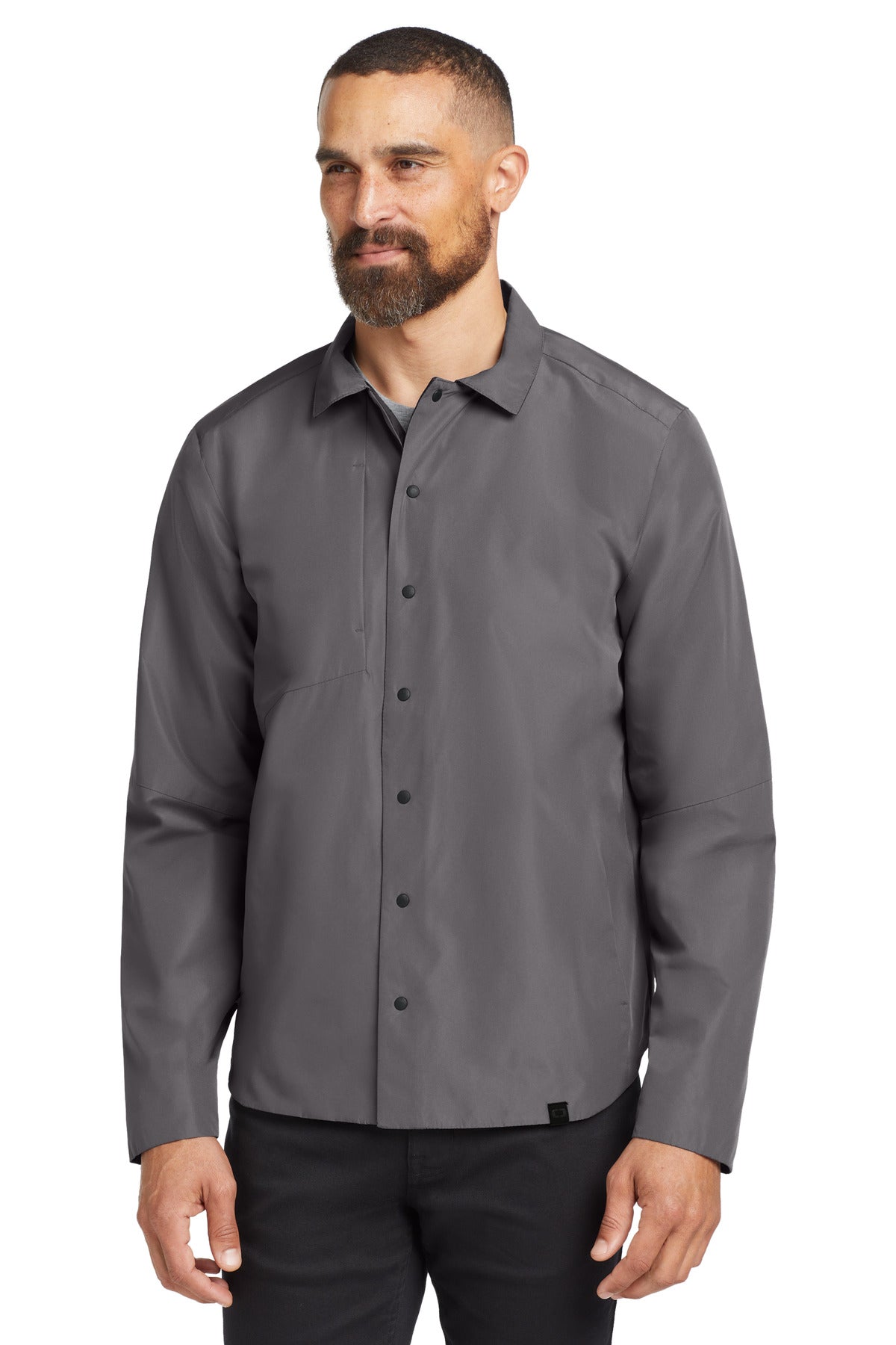 Front View of Gear Grey OGIO Reverse Shirt Jacket. OG754 plain
