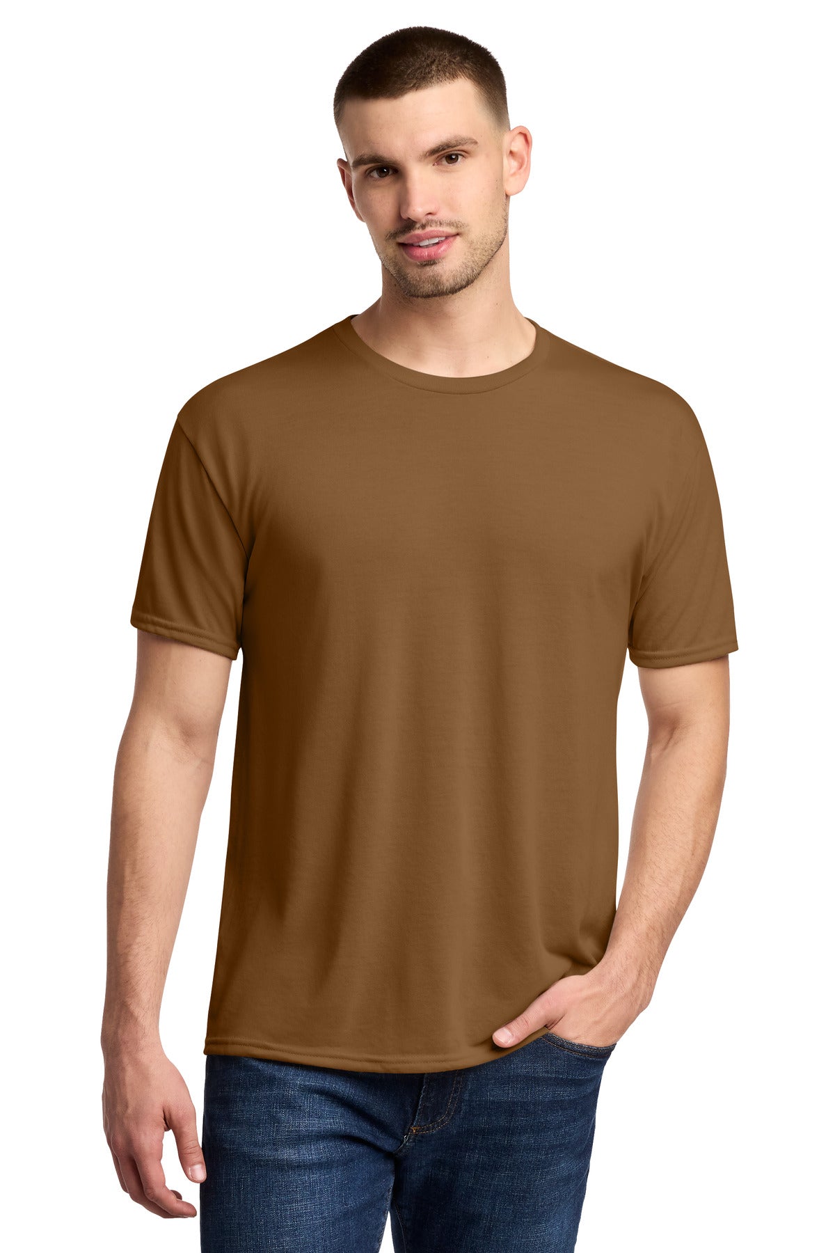 Front View of GldnPecan Jerzees Dri-Power 100% Polyester T-Shirt. 21M plain