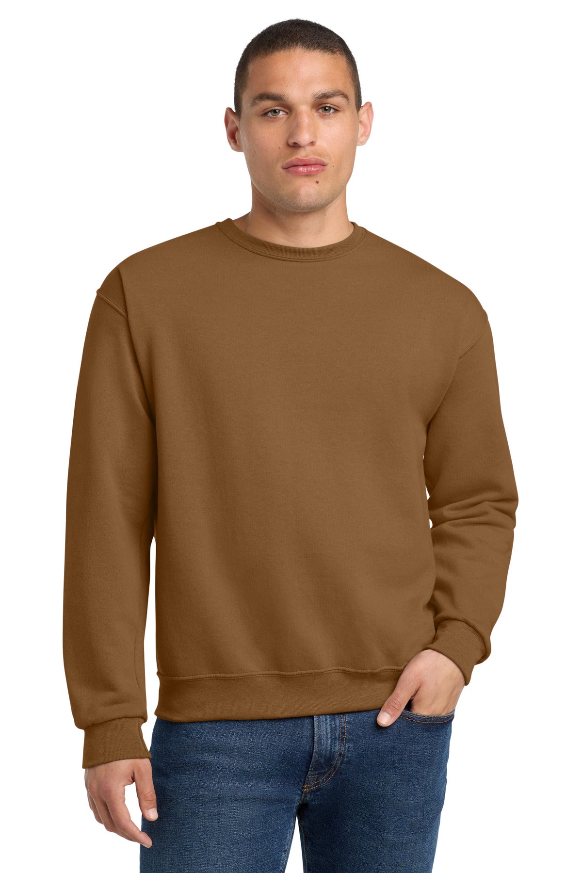 Front View of GldnPecan Jerzees - NuBlend Crewneck Sweatshirt. 562M plain