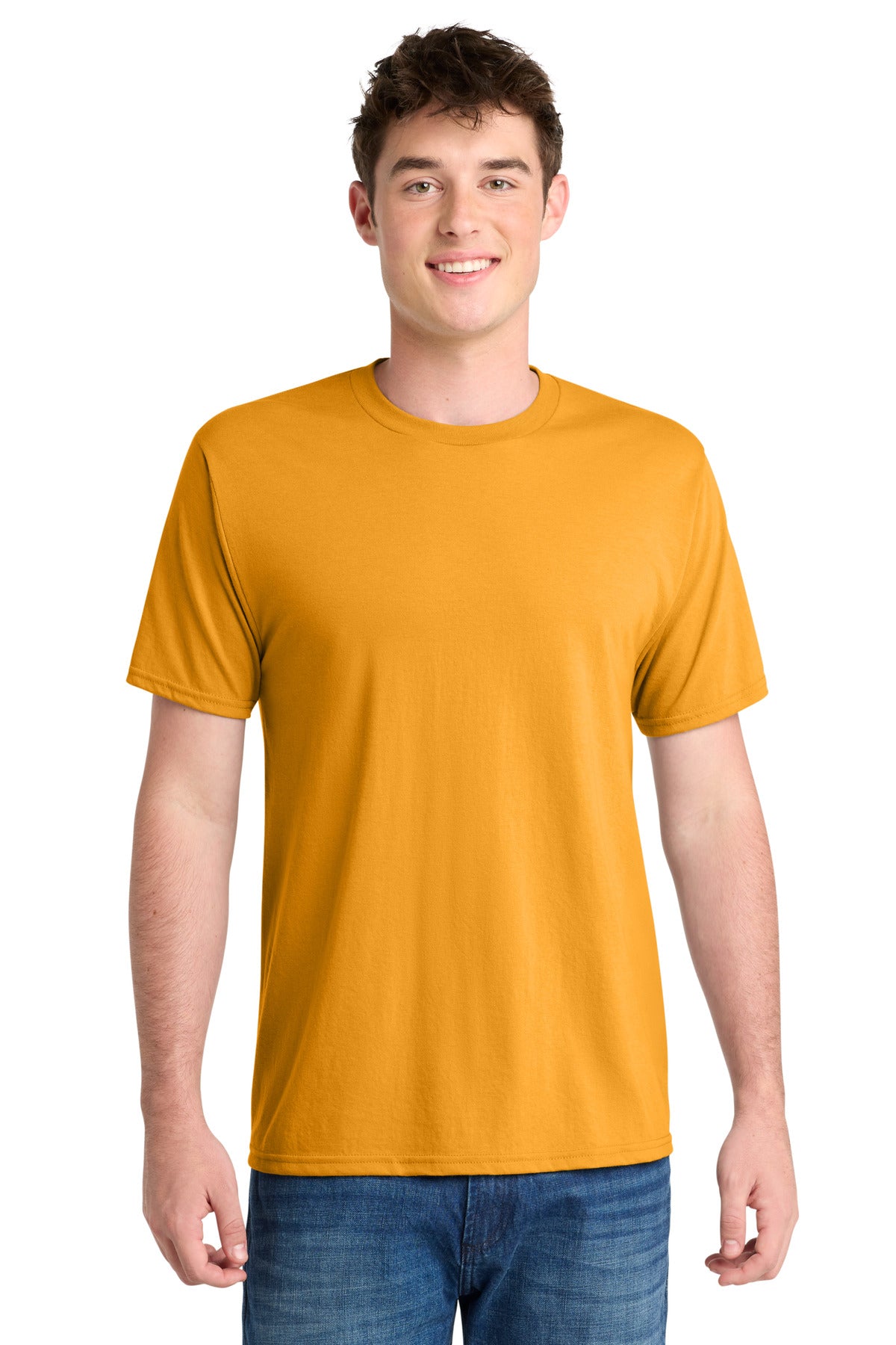 Front View of Gold Port & Co Performance Blend Tee. PC381 plain