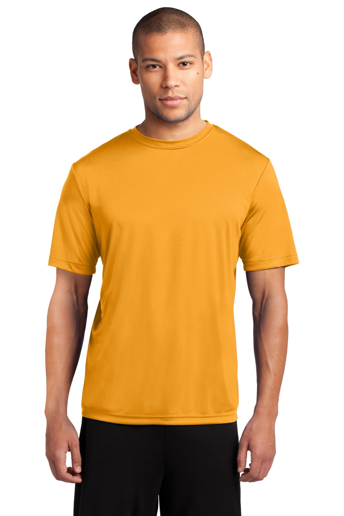 Front View of Gold Port & Co Performance Tee. PC380 plain