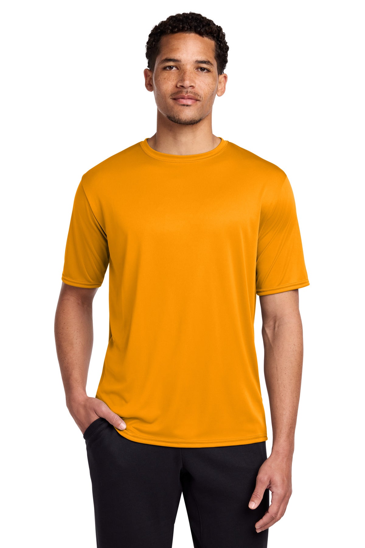 Front View of Gold Port & Co Performance Tee. PC380 plain