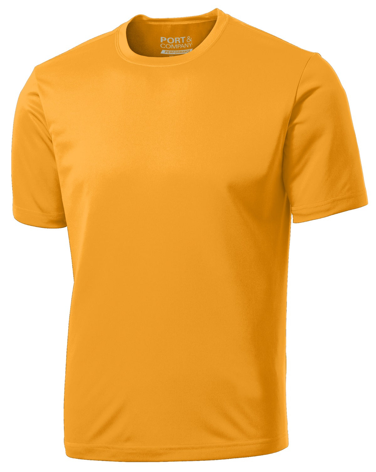Front View of Gold Port & Co Performance Tee. PC380 plain