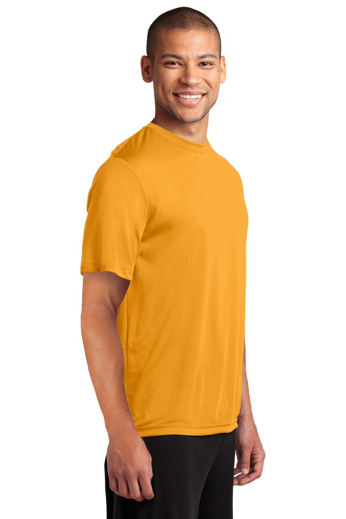 Front View of Gold Port & Co Performance Tee. PC380 plain