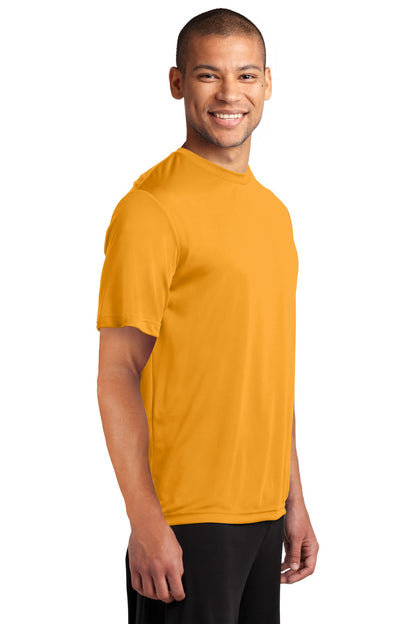 Front View of Gold Port & Co Performance Tee. PC380 plain
