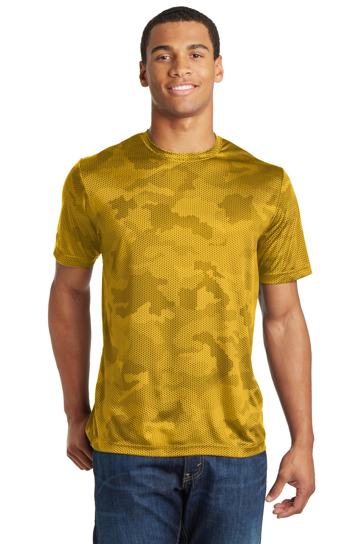 Front View of Gold Sport-Tek CamoHex Tee. ST370 plain