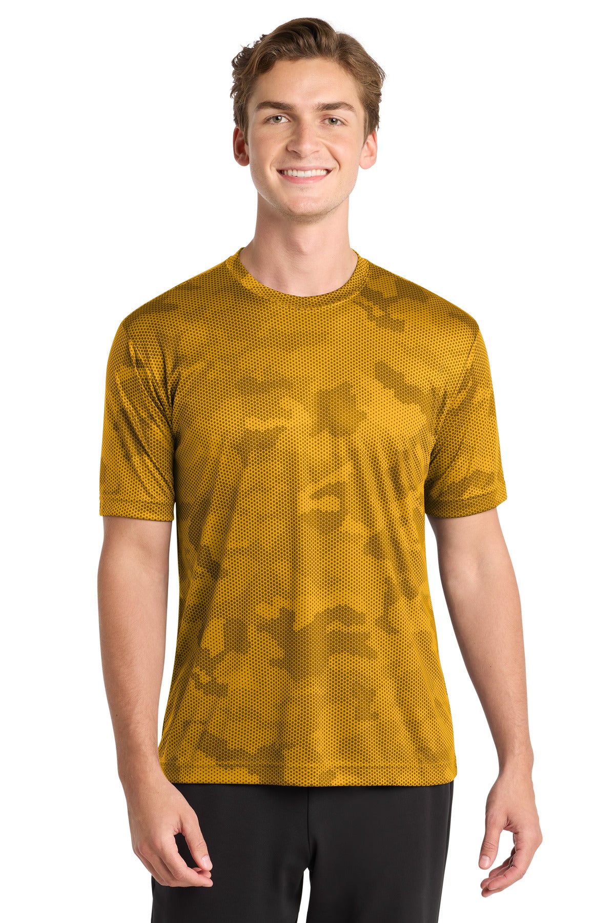 Front View of Gold Sport-Tek CamoHex Tee. ST370 plain
