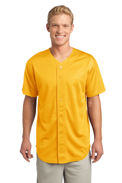 Front View of Gold Sport-Tek PosiCharge Tough Mesh Full-Button Jersey. ST220 plain