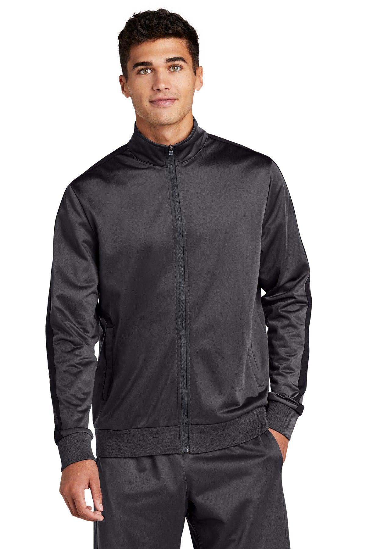 Front View of Graph Grey/Blk Sport-Tek Tricot Sleeve Stripe Track Jacket. JST94 plain