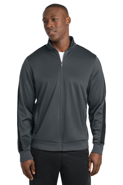 Front View of Graph Grey/Blk Sport-Tek Tricot Sleeve Stripe Track Jacket. JST94 plain