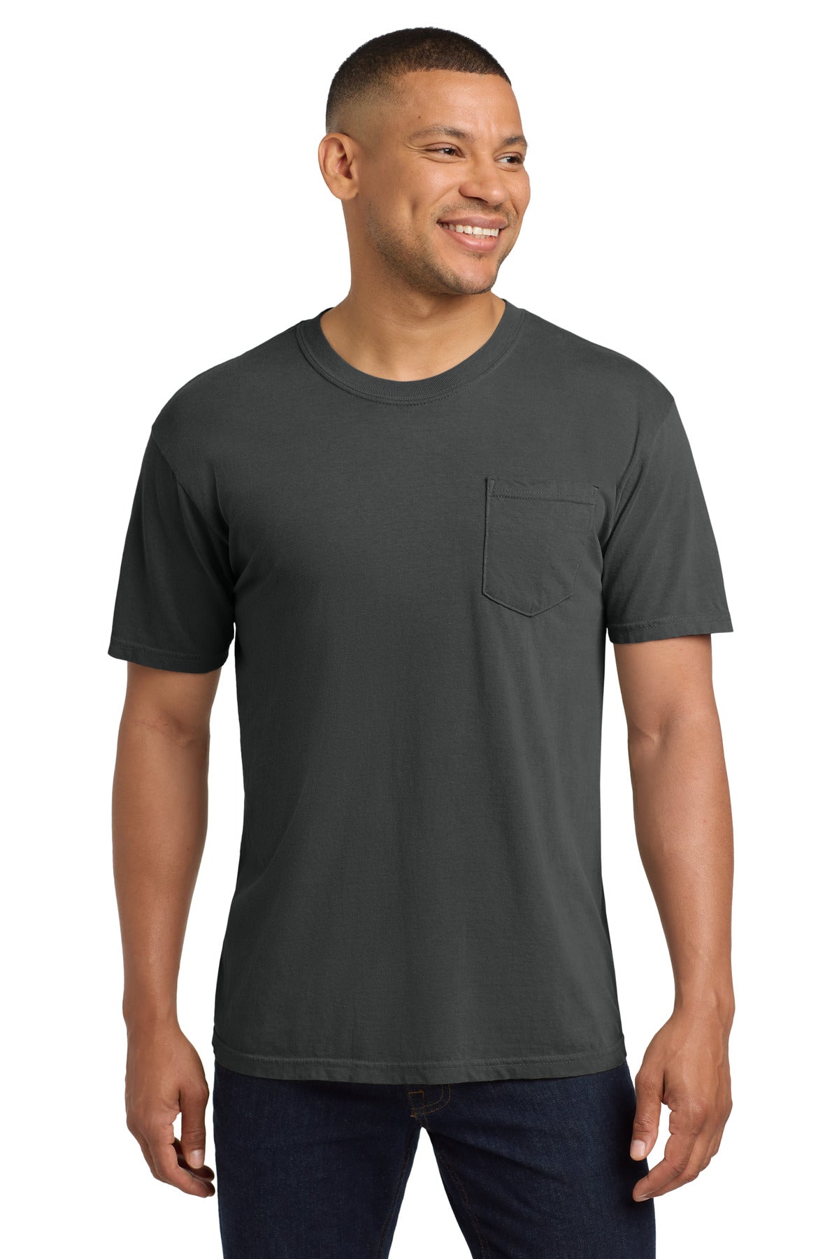 Front View of Graphite COMFORT COLORS Heavyweight Ring Spun Pocket Tee. 6030 plain
