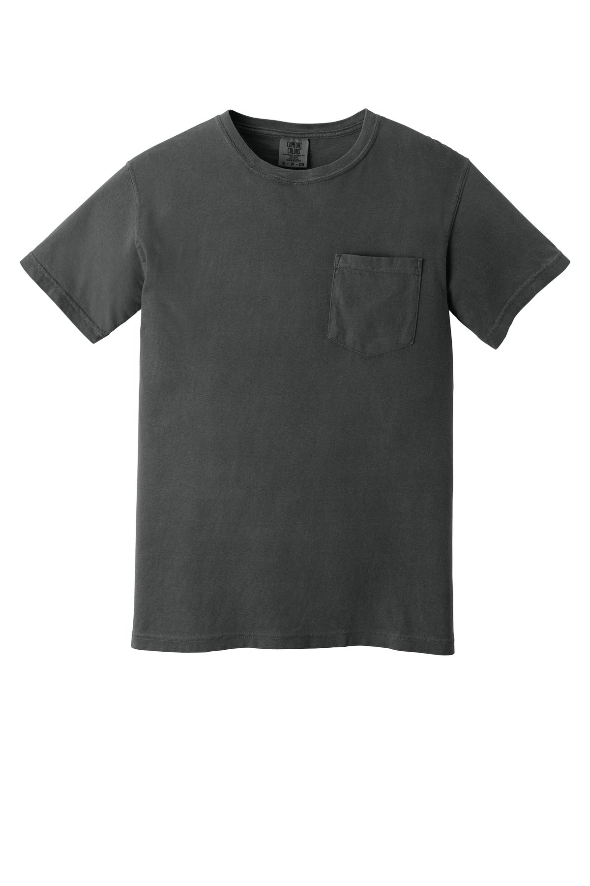 Front View of Graphite COMFORT COLORS Heavyweight Ring Spun Pocket Tee. 6030 plain