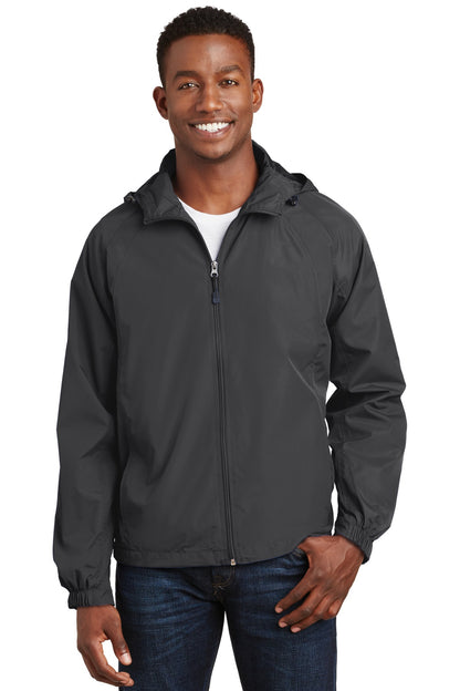 Front View of Graphite Grey Sport-Tek Hooded Raglan Jacket. JST73 plain
