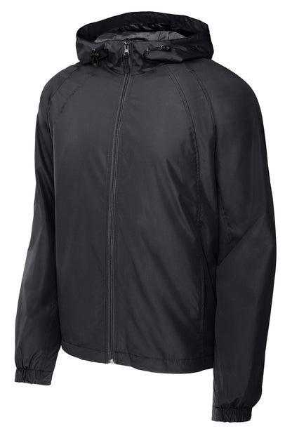 Front View of Graphite Grey Sport-Tek Hooded Raglan Jacket. JST73 plain