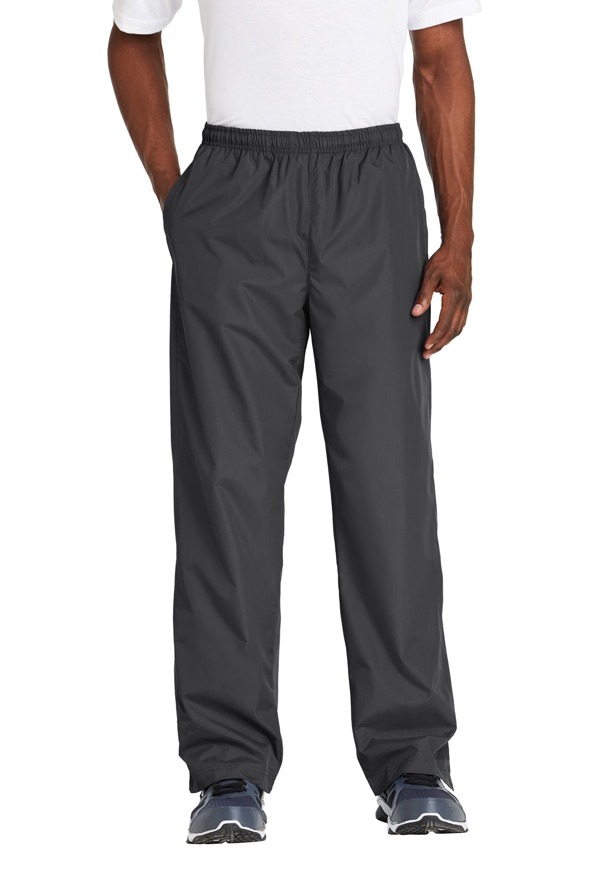 Front View of Graphite Grey Sport-Tek Wind Pant. PST74 plain