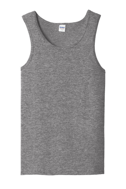 Front View of Graphite Hthr Gildan Heavy Cotton Tank Top. G5200 plain