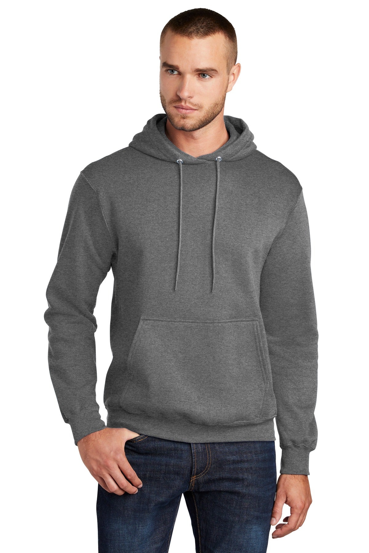 Front View of Graphite Hthr Port & Co Core Fleece Pullover Hooded Sweatshirt. PC78H plain