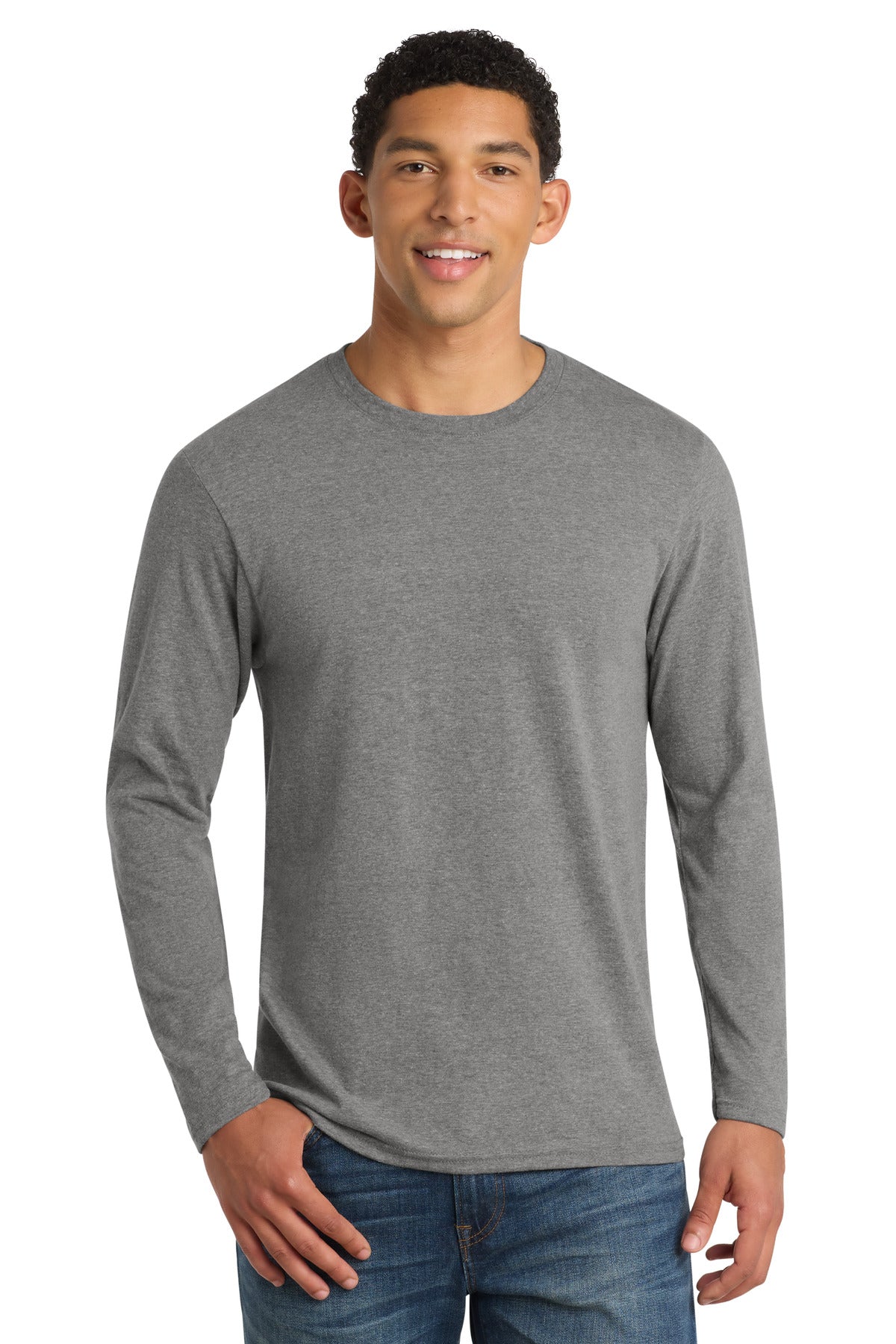 Front View of Graphite Hthr Port & Co Long Sleeve Fan Favorite Blend Tee. PC455LS plain