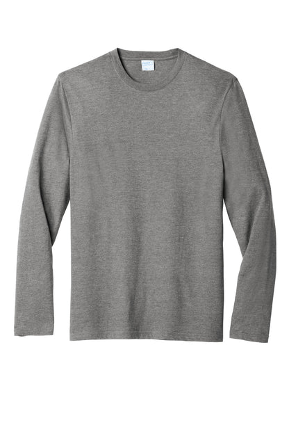 Front View of Graphite Hthr Port & Co Long Sleeve Fan Favorite Blend Tee. PC455LS plain