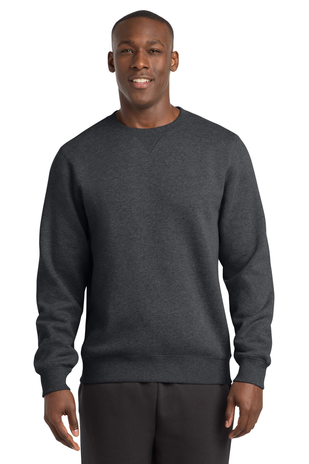 Front View of Graphite Hthr Sport-Tek Crewneck Sweatshirt. ST266 plain