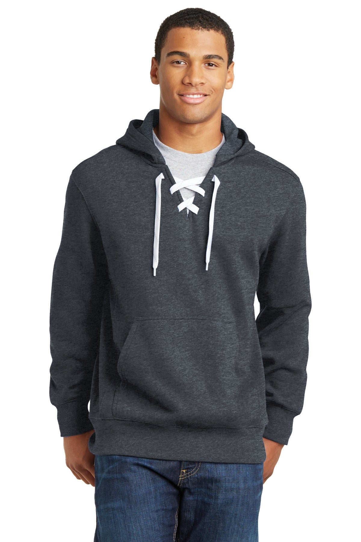 Front View of Graphite Hthr Sport-Tek Lace Up Pullover Hooded Sweatshirt. ST271 plain
