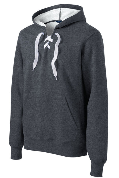Front View of Graphite Hthr Sport-Tek Lace Up Pullover Hooded Sweatshirt. ST271 plain
