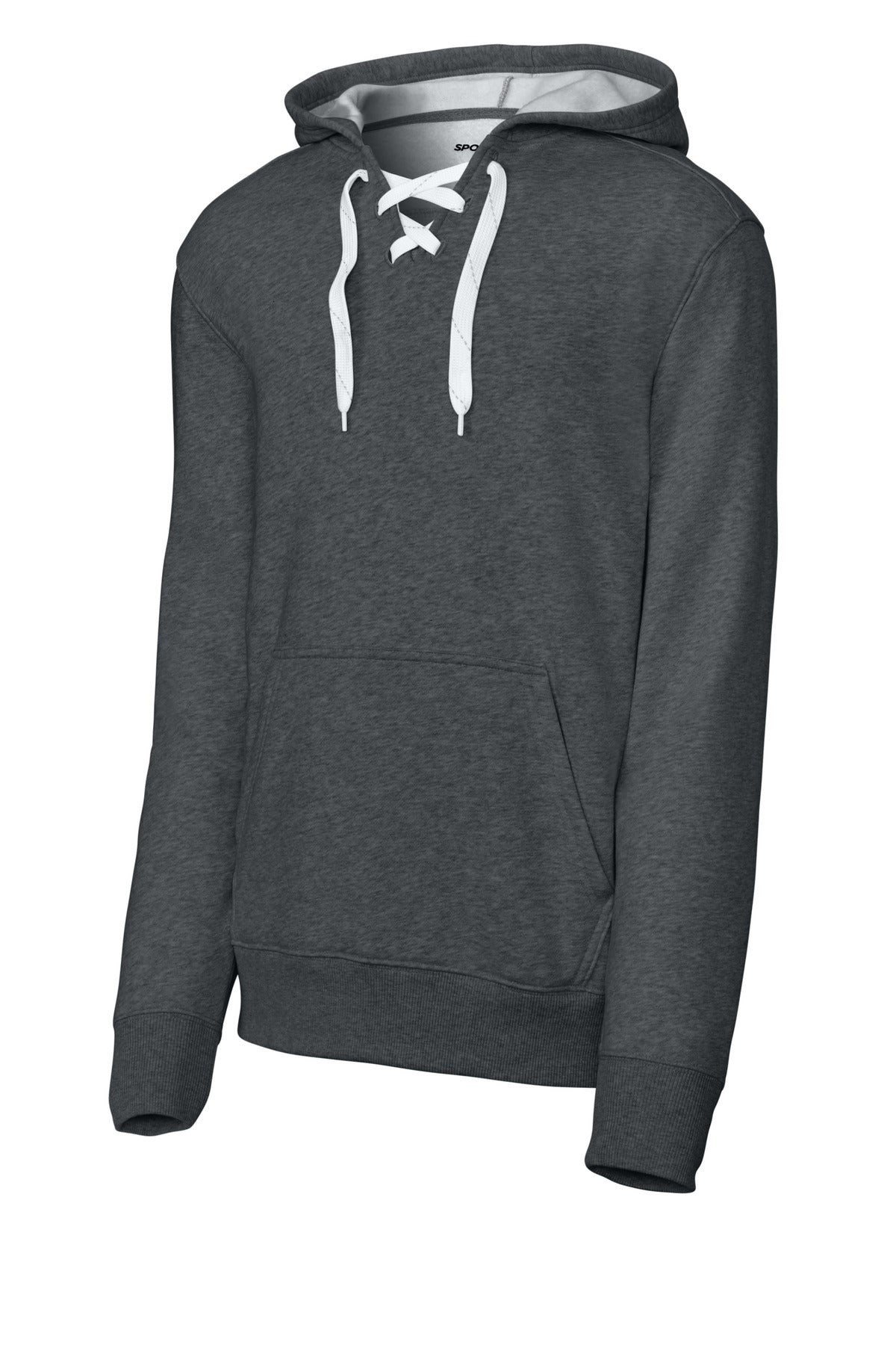 Front View of Graphite Hthr Sport-Tek Lace Up Pullover Hooded Sweatshirt. ST271