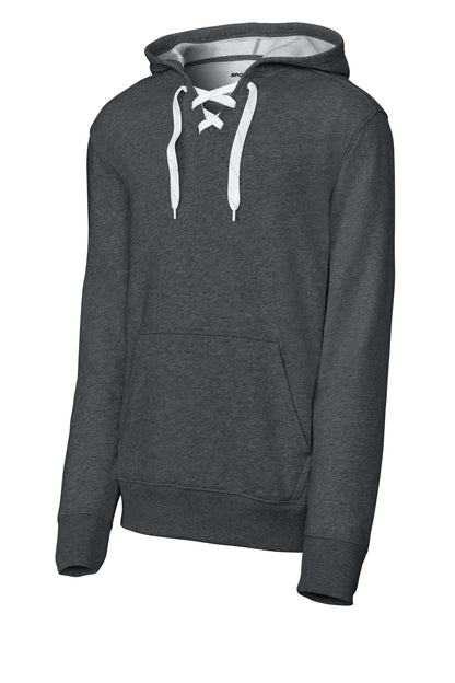 Front View of Graphite Hthr Sport-Tek Lace Up Pullover Hooded Sweatshirt. ST271