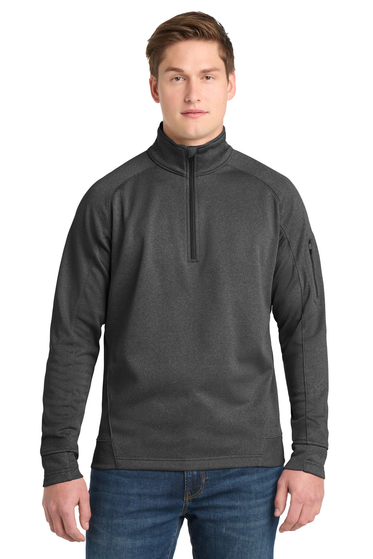 Front View of Graphite Hthr Sport-Tek Tech Fleece 1/4-Zip Pullover. F247 plain