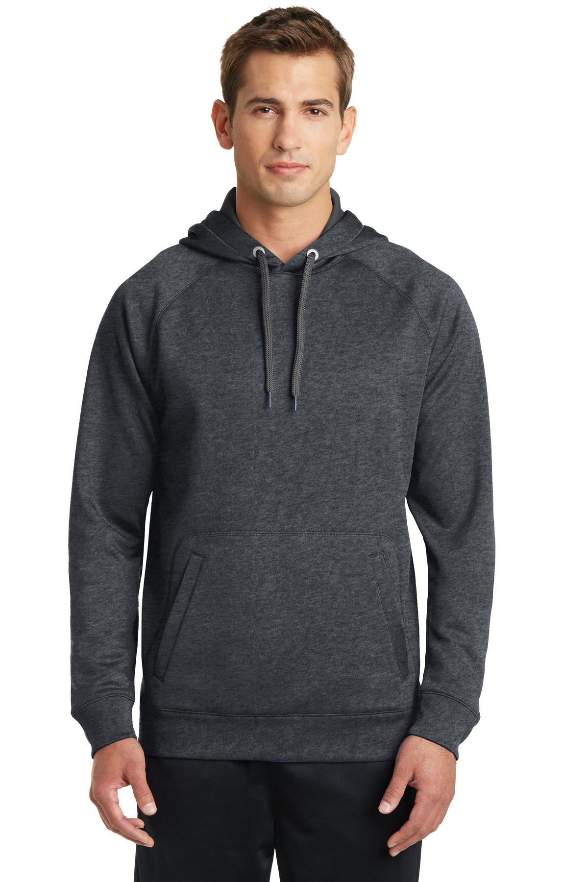 Front View of Graphite Hthr Sport-Tek Tech Fleece Hooded Sweatshirt. ST250 plain