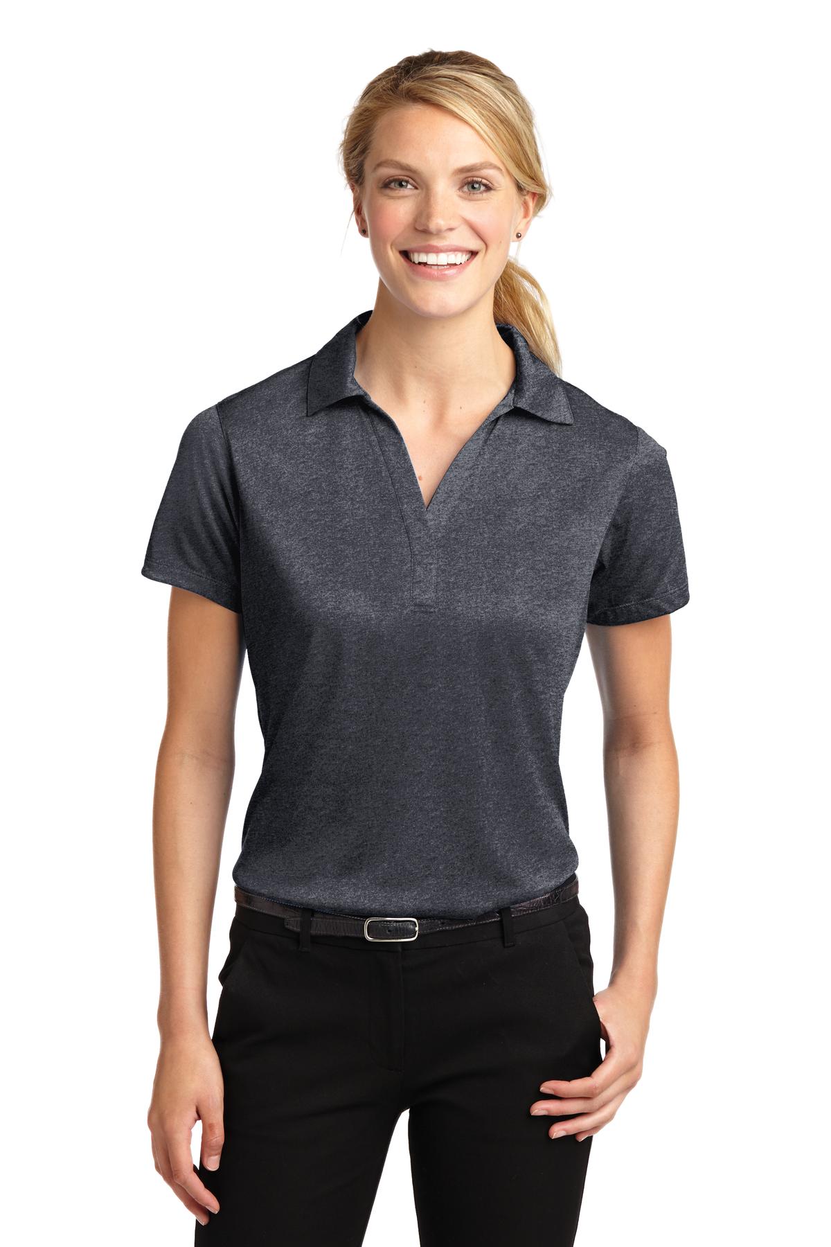 Front View of Graphite Hthr Sport-Tek Women's Heather Contender Polo. LST660 plain