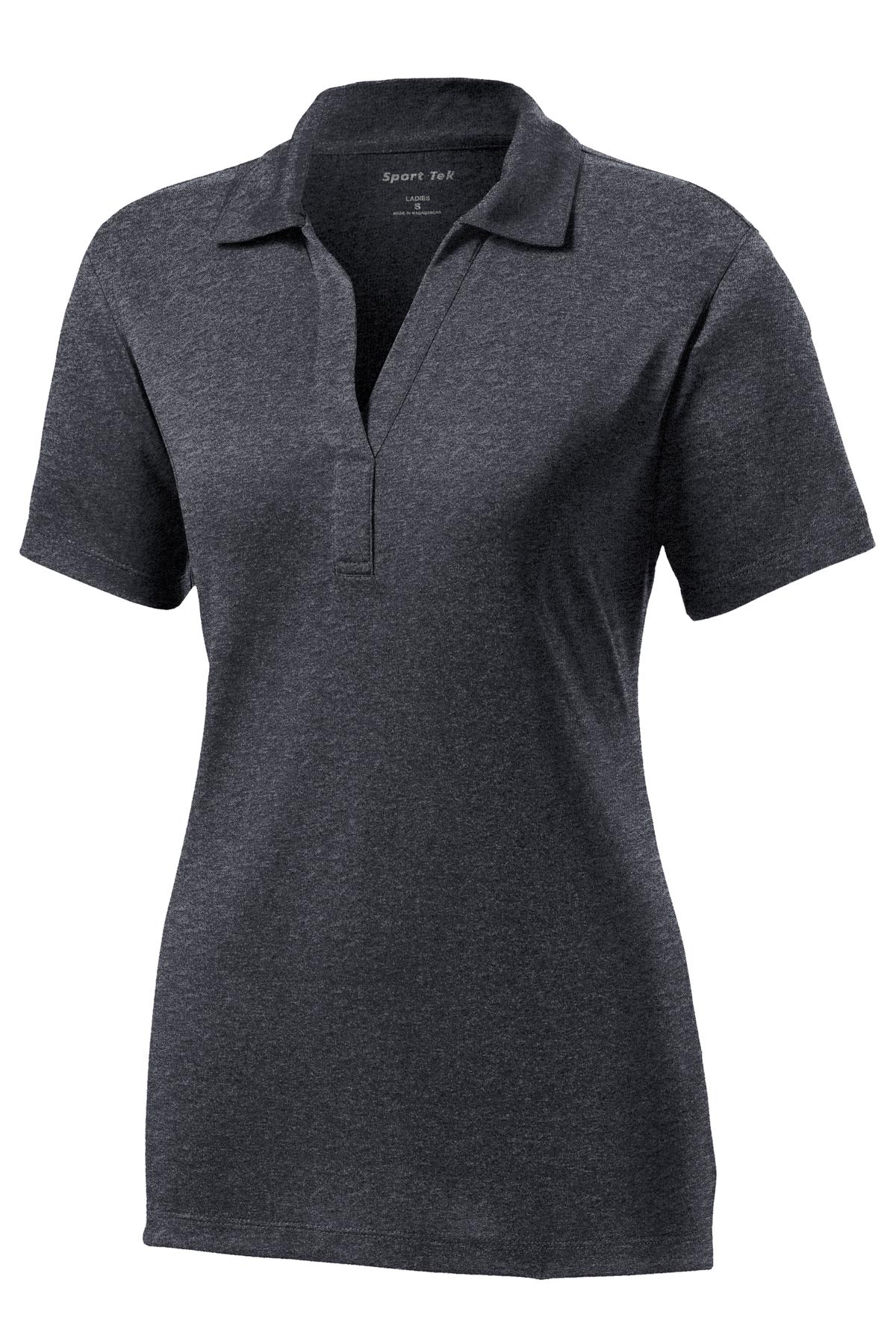 Front View of Graphite Hthr Sport-Tek Women's Heather Contender Polo. LST660 plain