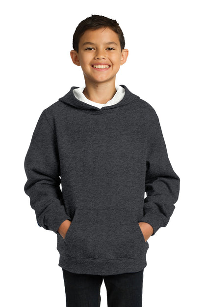 Front View of Graphite Hthr Sport-Tek Youth Pullover Hooded Sweatshirt. YST254 plain