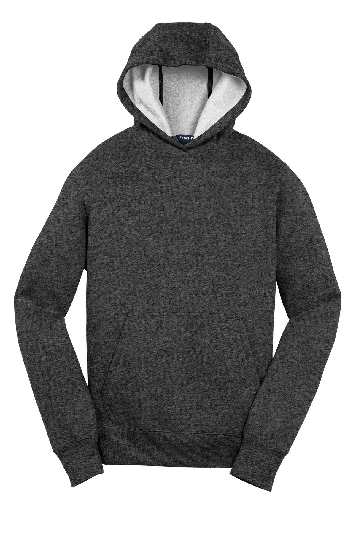 Front View of Graphite Hthr Sport-Tek Youth Pullover Hooded Sweatshirt. YST254 plain