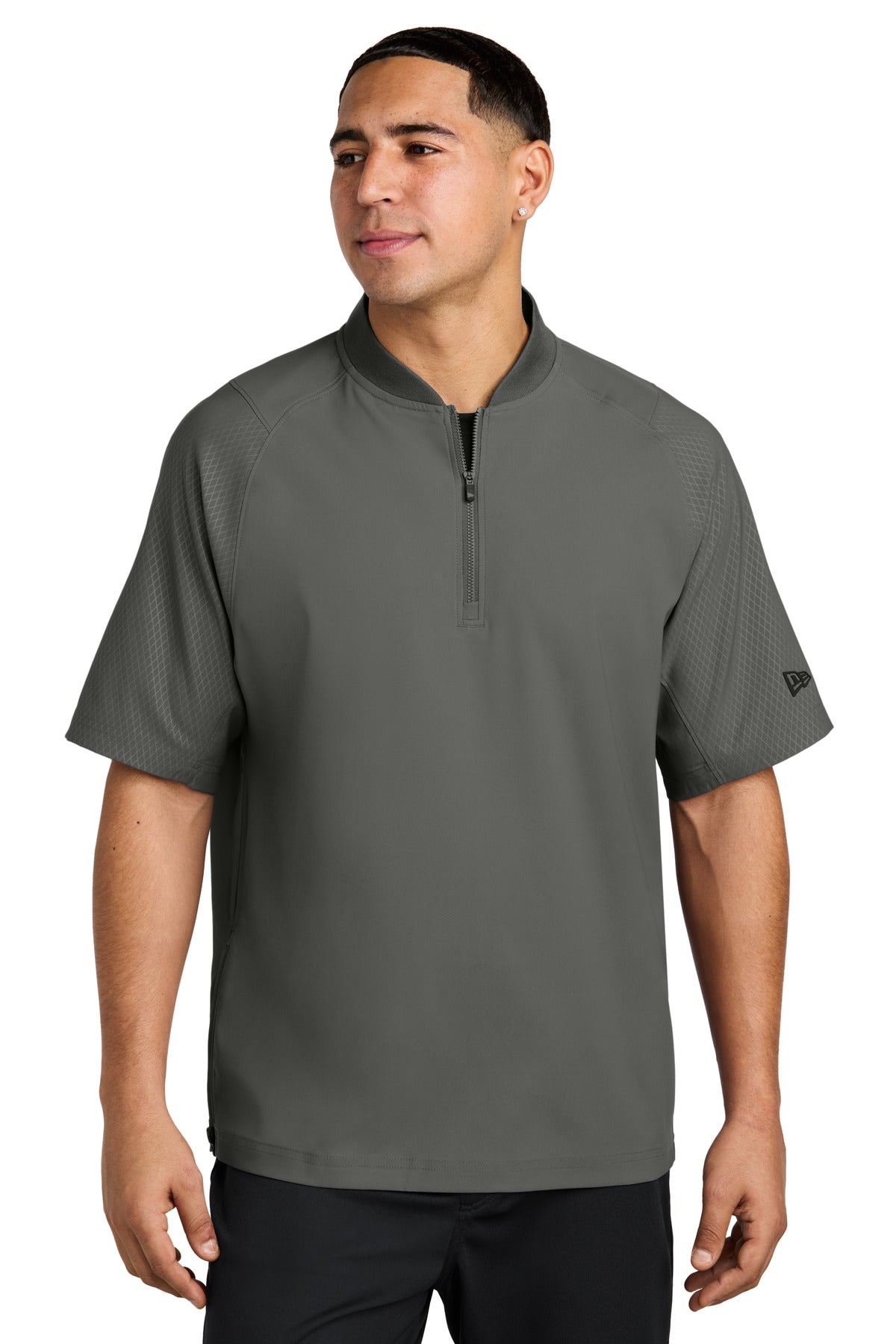 Front View of Graphite New Era Cage Short Sleeve 1/4-Zip Jacket. NEA600 plain
