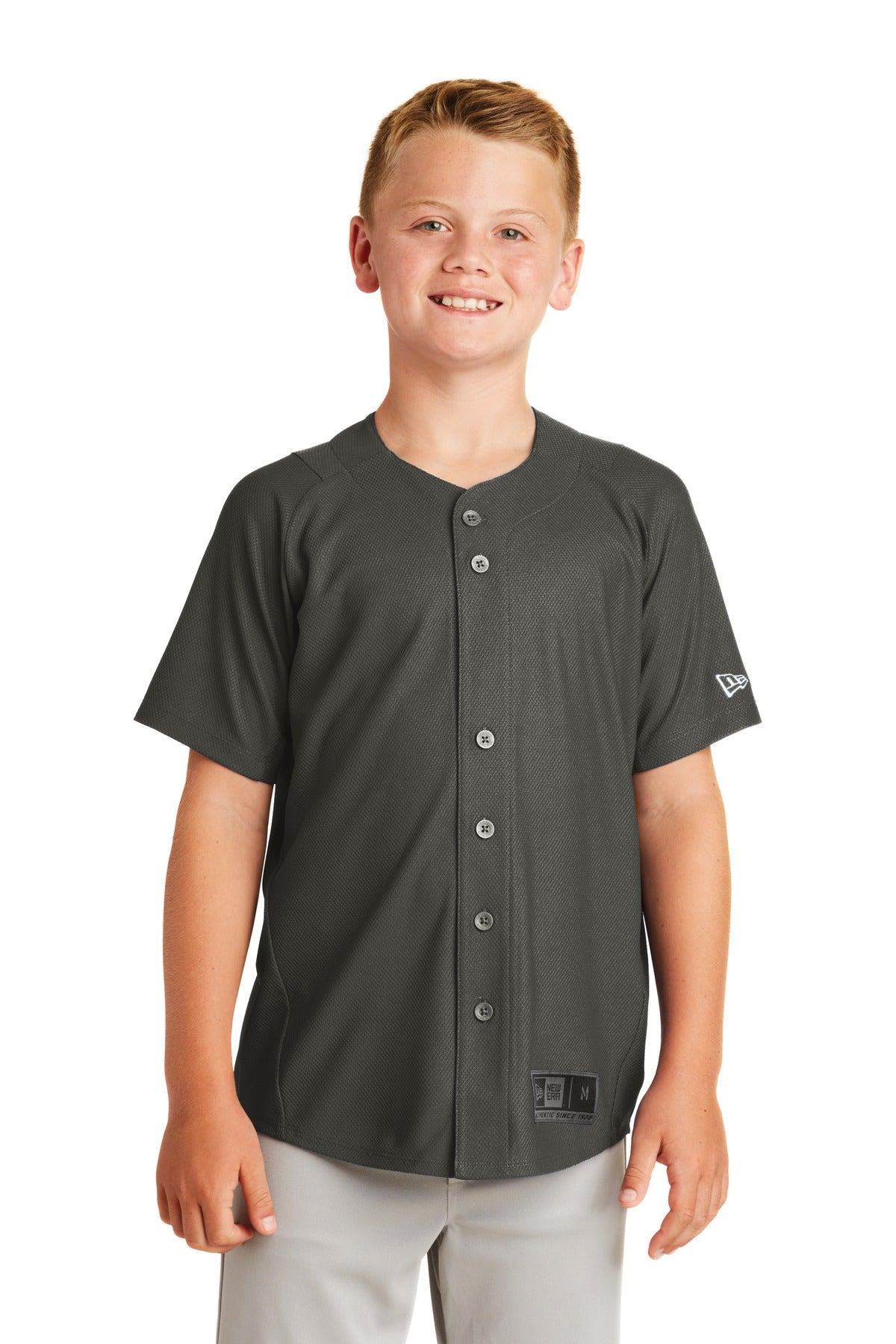 Front View of Graphite New Era Youth Diamond Era Full-Button Jersey. YNEA220 plain