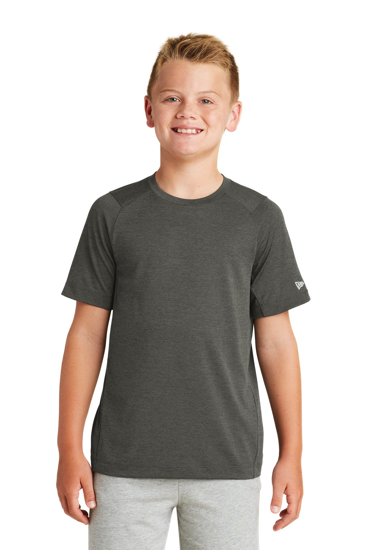 Front View of Graphite New Era Youth Series Performance Crew Tee. YNEA200 plain