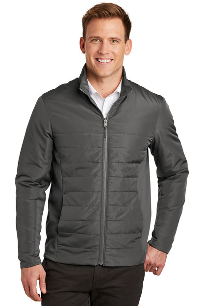 Front View of Graphite Port Authority Collective Insulated Jacket. J902 plain