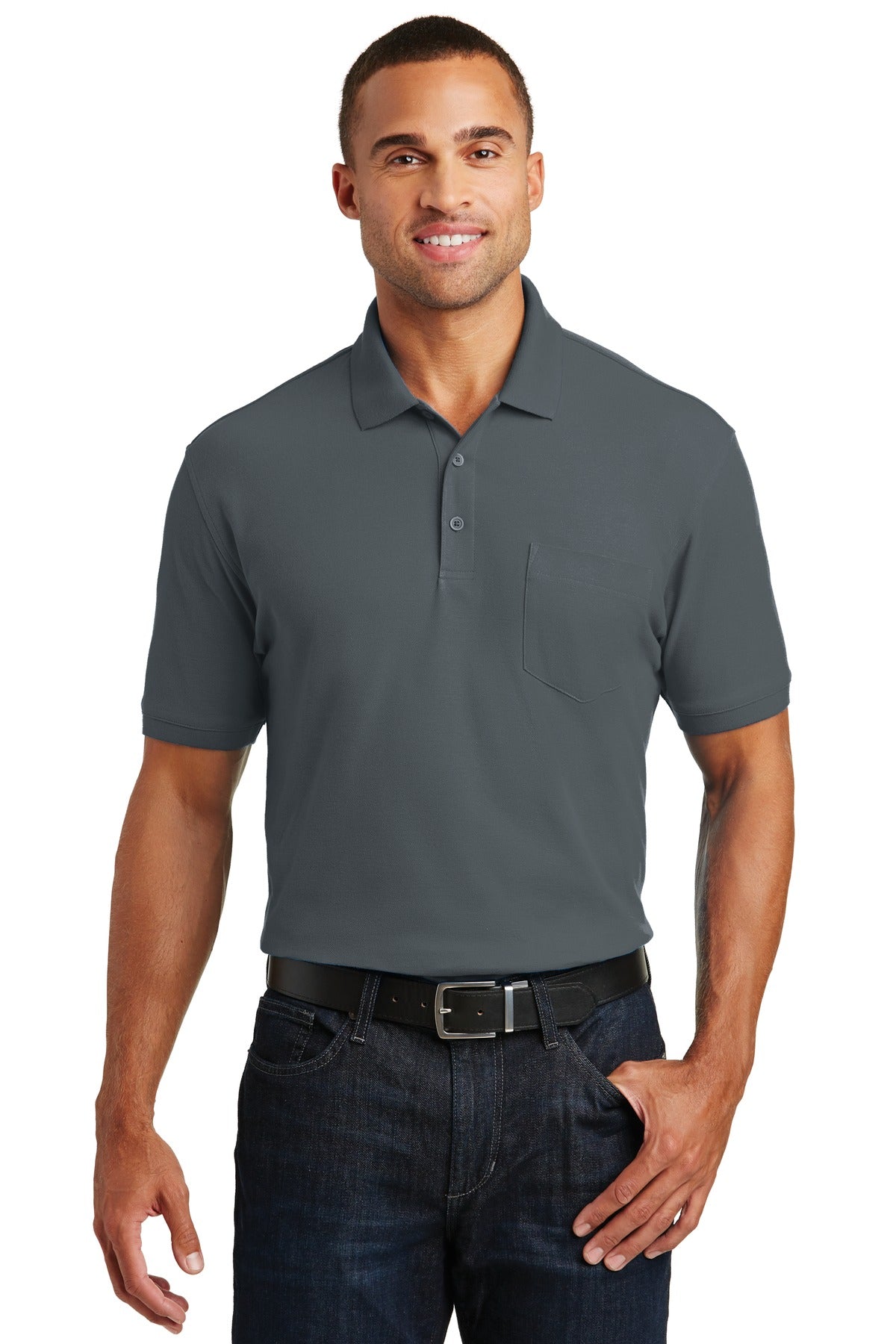 Front View of Graphite Port Authority Core Classic Pique Pocket Polo. K100P plain